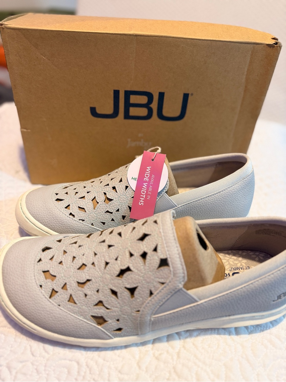 JBU Women’s Slip-On Laser-Cut Moccasins — Light Beige